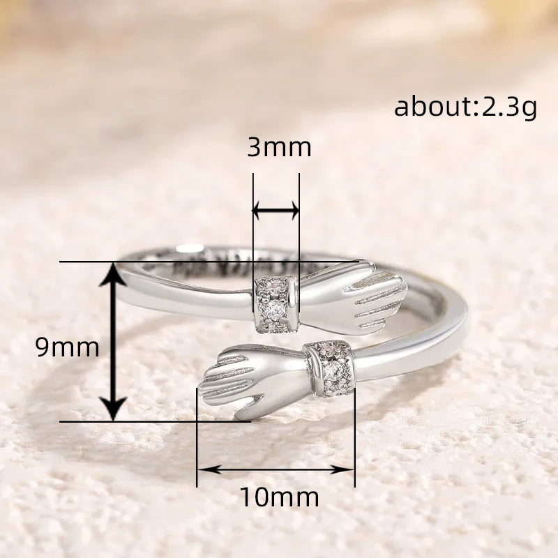 Womens Open Adjustable Ring With A Double-hand Embrace Design