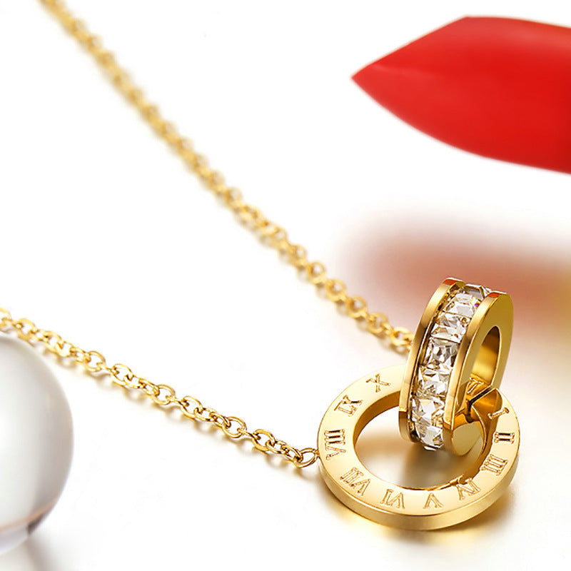 Fashionable Stainless Steel Double-Ring Diamond-Encrusted Necklace For Women