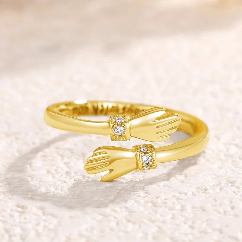 Womens Open Adjustable Ring With A Double-hand Embrace Design