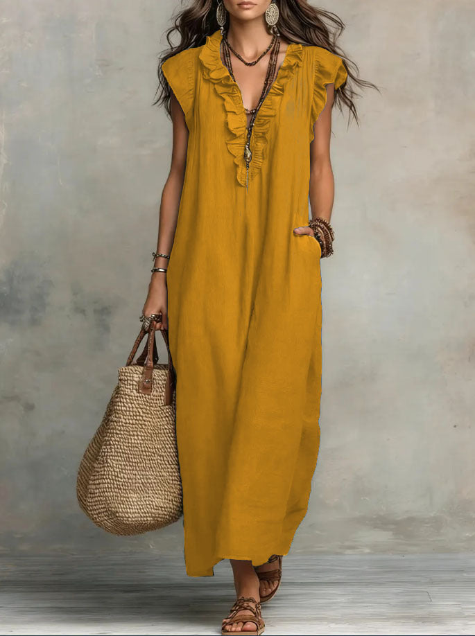 Bohemian Floor-length Dress With Flutter Sleeves